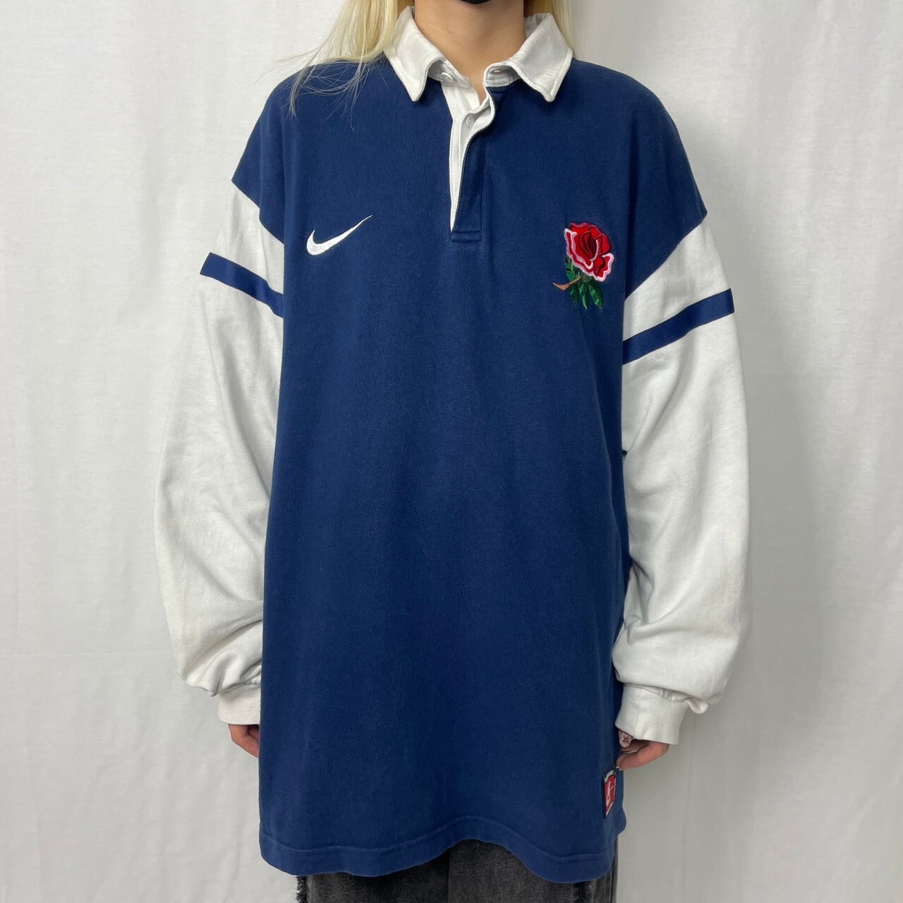 NIKE ナイキ 切り替え 薔薇刺繍 長袖 ポロシャツ ラガーシャツ メンズ 