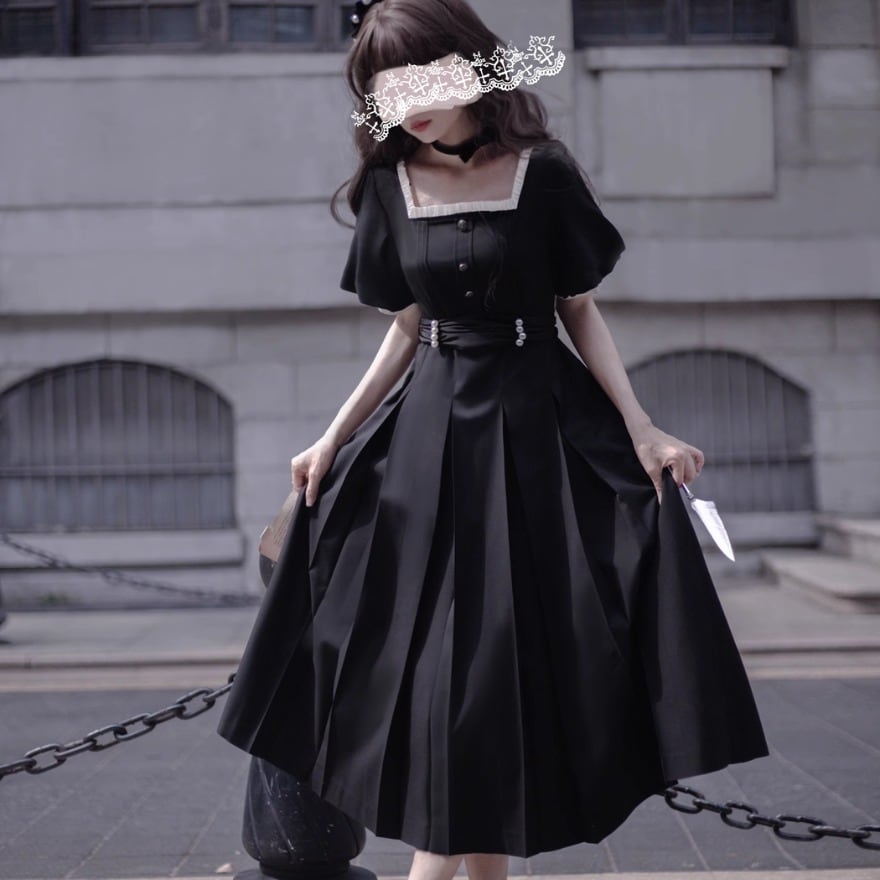 ゴスロリ　ロリータワンピース　ブラック　スクエアネック　ティアド　半袖　クラシック＆トラディション　洋服　お茶会 ゴスロリ通販 With U クラロリ フレンチワンピース スクエアネック