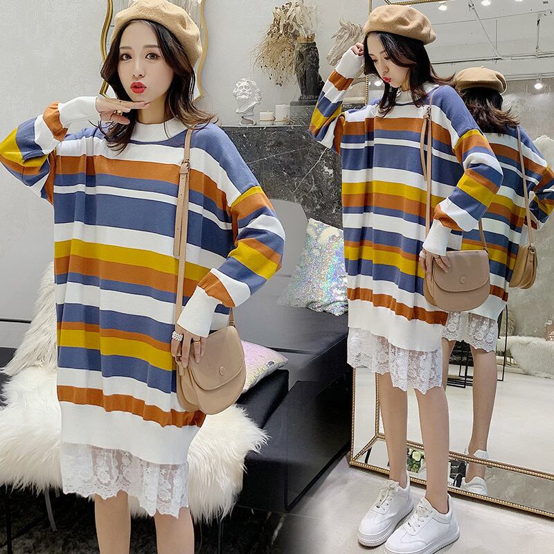 【新作】【送料無料】 マタニティウェア2019秋冬バージョンの新しいファッションレインボーストライプミドル丈ルーズプラスサイズマタニティドレス-アリババ 大きめサイズ オータム 秋物 ウィンター 冬物 expec262516702030