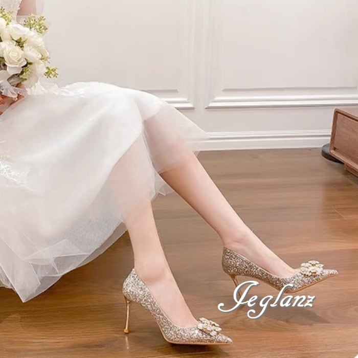 華やか パーティ パンプス ヒール キラキラ ビジュー バックル 6cm/8cm(M8618)χ