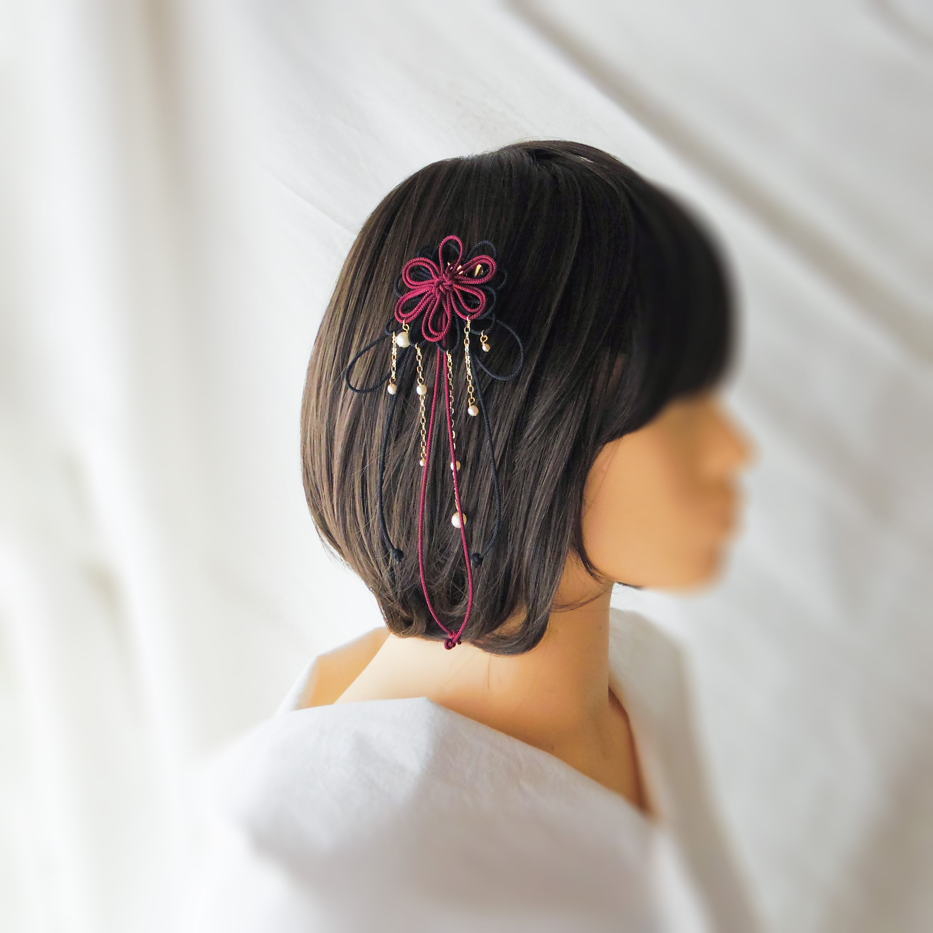 飾り結びヘアコーム(小)「爛、其レハ」(臙脂×黒)【軽量で簡単和装ヘア】浴衣・着物・七五三や成人式に。