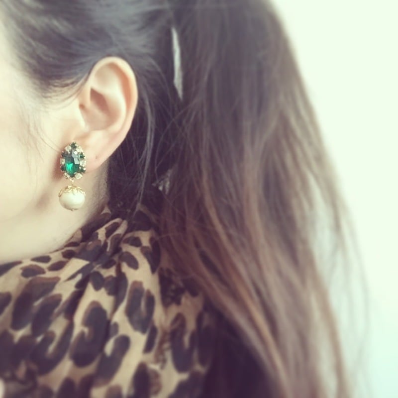 vintage green ビジュー× cotton pearl イヤリング | Luce
