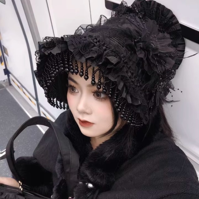 ゴスロリ ボンネット ヴィンテージ フェザー 羽毛 レース ハロウィン イベント パーティ