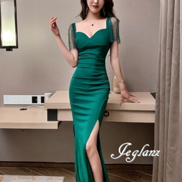 パーティ イブニングドレス 水玉 ポルカドット スリット入り 背中開き 3色 ♪(M7504)ζ