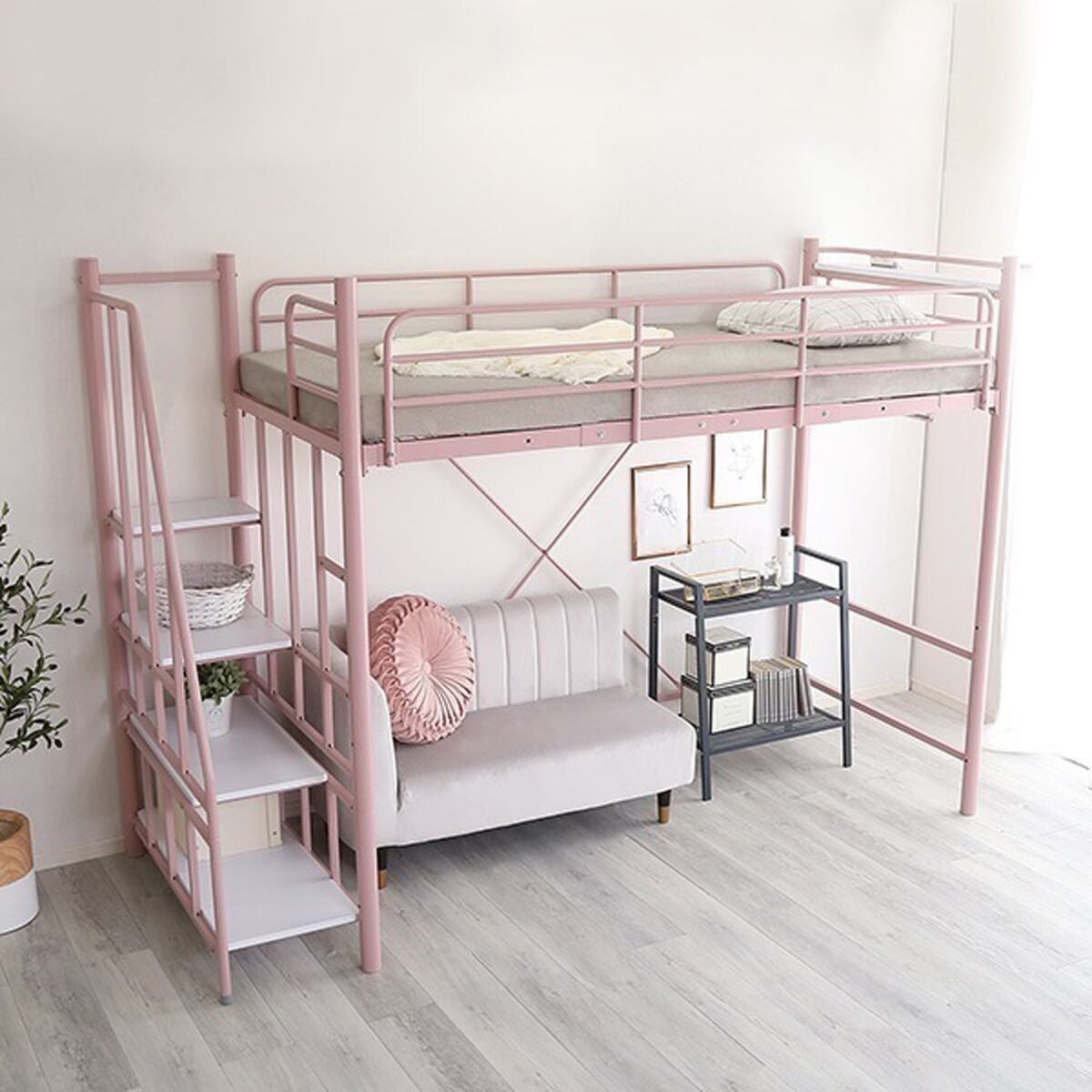 大人かわいいインテリア 階段付き パイプロフトベッド 高さ調整可能 2口コンセント宮棚付き