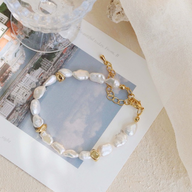 ＜カスタム＞birth stone baroque gold pearl bracelet / 誕生石バロックゴールドパールブレスレット