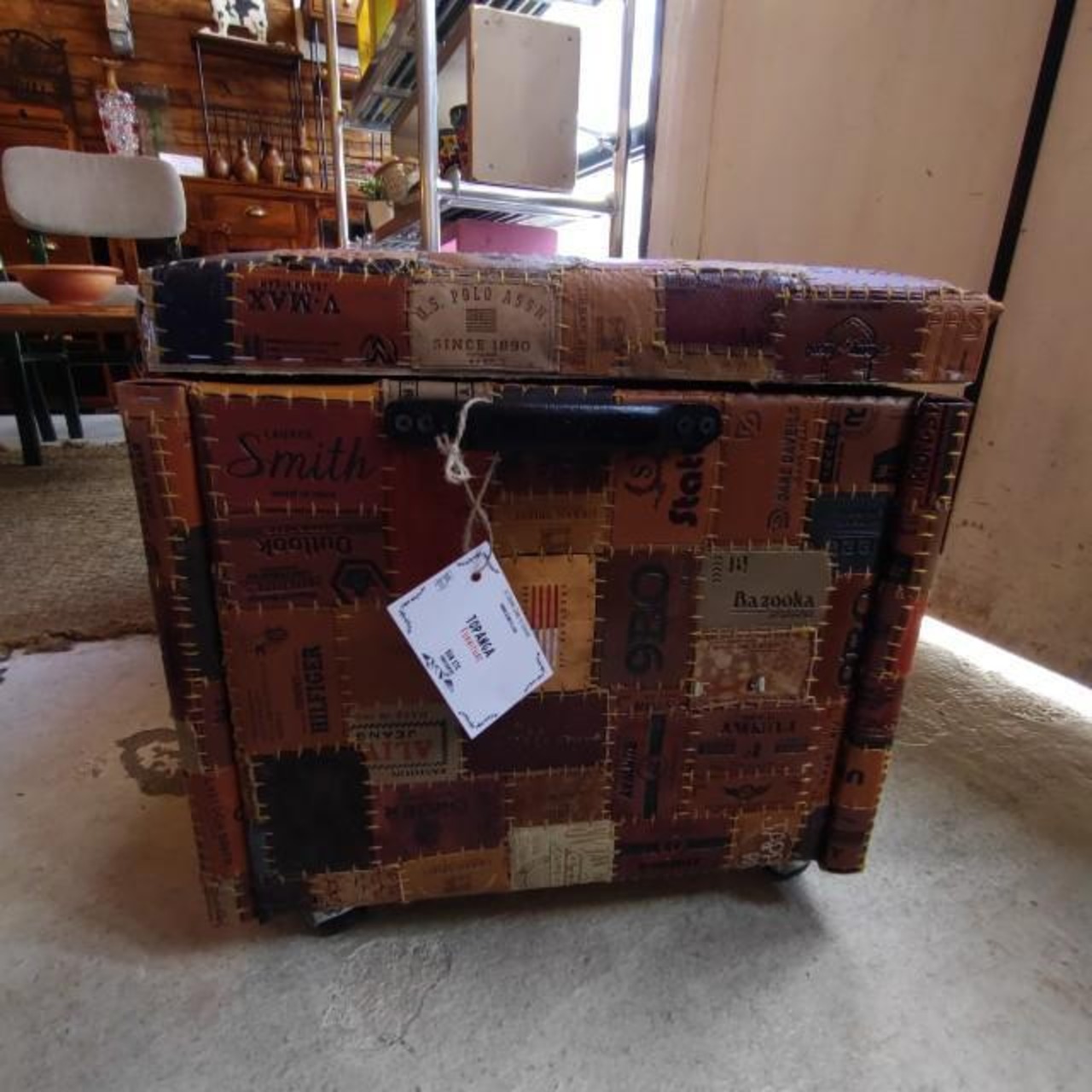 【受注生産】TOPANGA Funiture　Vintage Jeans Leather Patchwork Bench Stool　2-seater　Dining　Chaise lomgue　Box