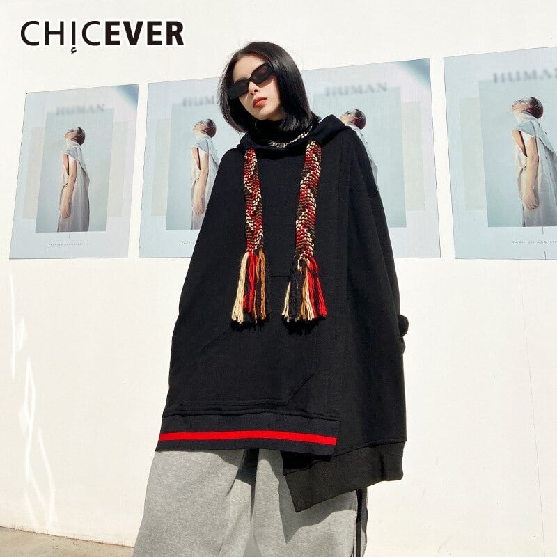 CHICEVERブラックスウェットシャツレディースフード付きカラー長袖ストライプヒットカラー巾着特大プルオーバー2020タイド ロング 6base567610731629