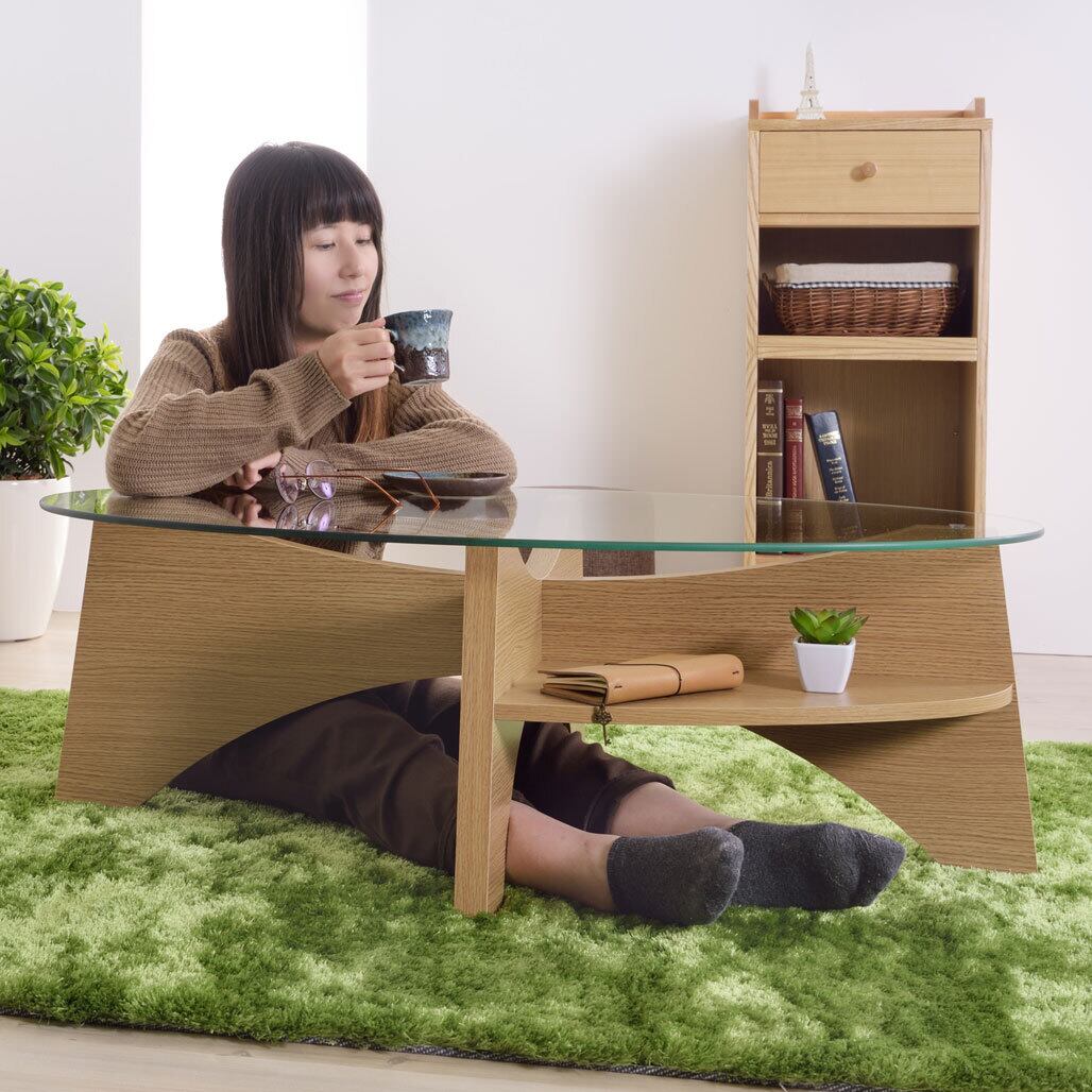 ガラス天板 収納 センターテーブル 横幅105cm【Oval／オーバル