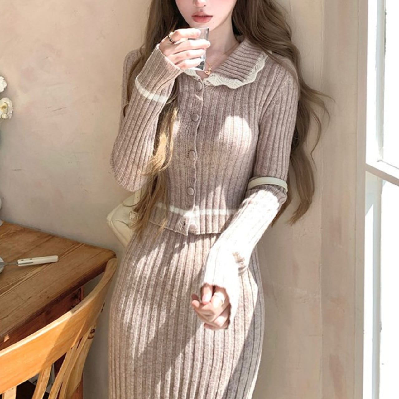 ピンクベージュ ニットセットアップ SE45