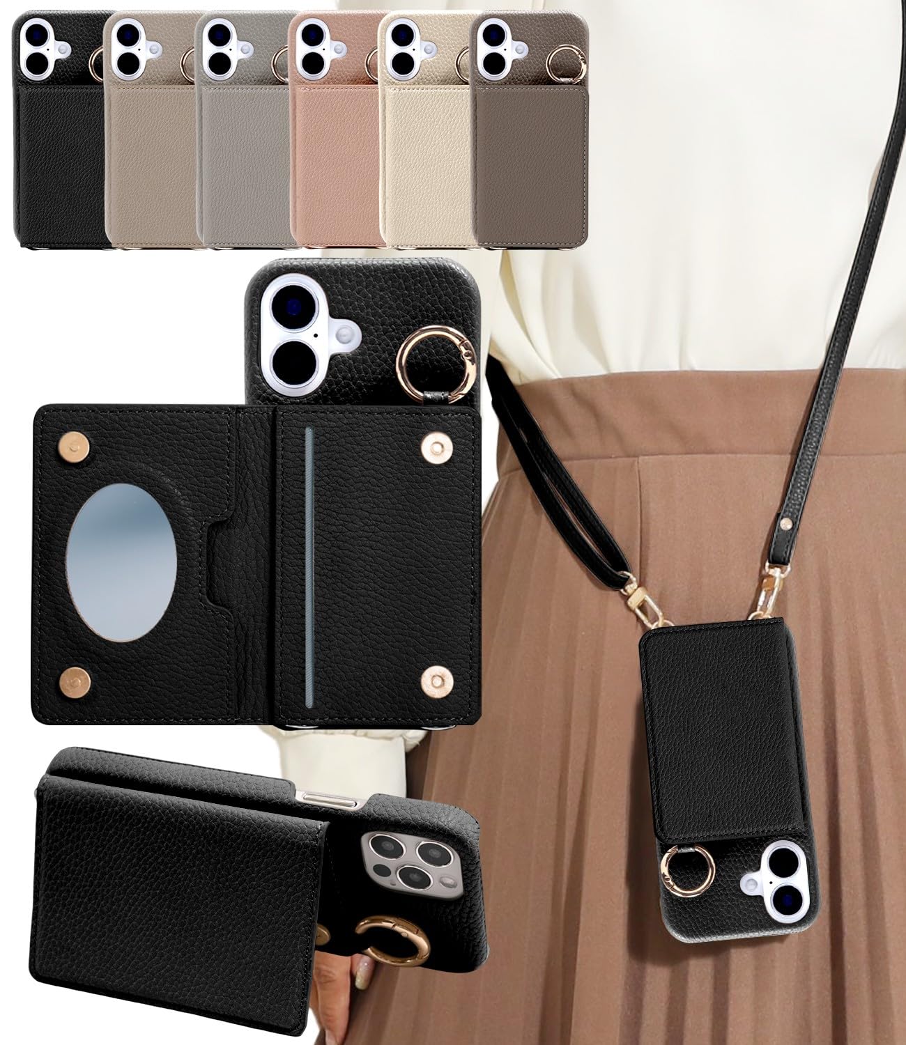 shinyle スマホケース iphone 17 用 ケース ショルダー カード 収納 17 ストラップ付き 可愛い スマホショルダー 携帯ケース 肩掛け 鏡付き 斜め掛け 耐衝撃 いphone17 ミラー 付き 鏡 落下防止 17カバー カラビナ リング マグネット スタンド機能 薄型 スマホカバー