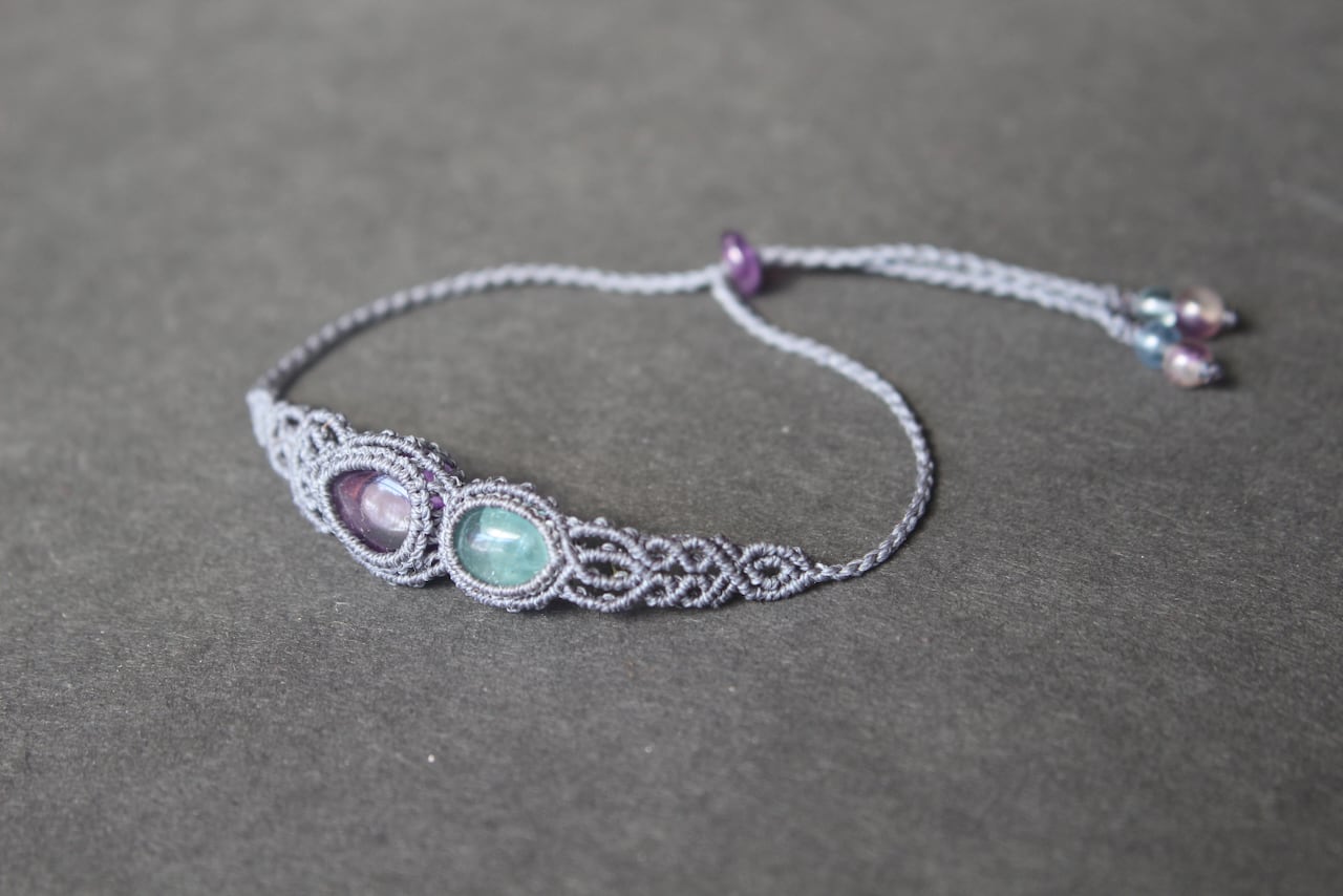 Trapiche amethyst & Green Fluorite micro macrame bracelet