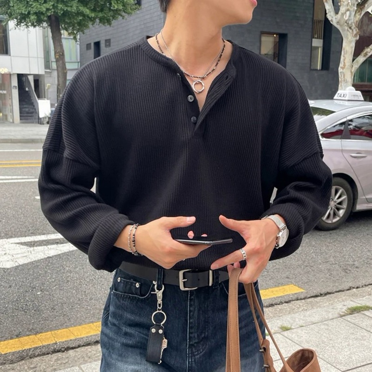 ヘンリーネックシンプルリブロングTシャツ　1280