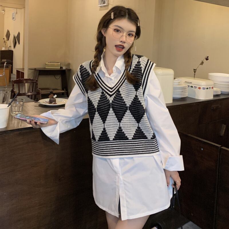 ルーズホワイトシャツ 格子柄ニットセーター オータム ロング 秋物 YY-ファッション98652807521