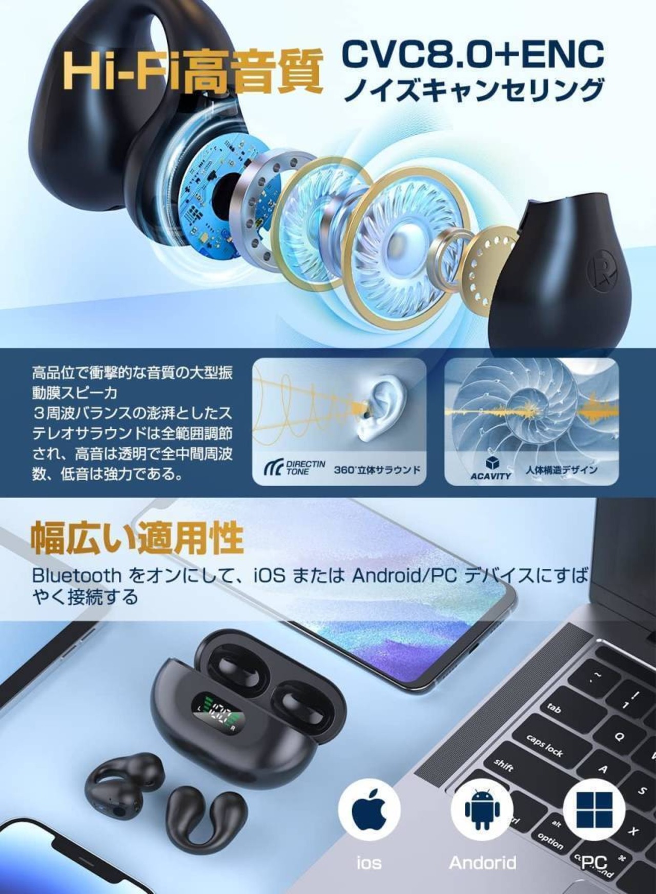 ワイヤレスイヤホン 空気伝導 Bluetooth 5.3 + EDR ENCノイズキャンセリング Hi-Fi音質 最大40時間 マイク 骨伝導