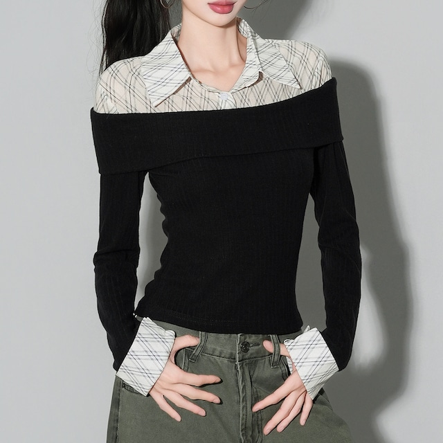 open collar long sleeve docking cutout top m1299