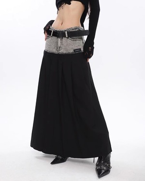 【予約】denim color-block pleated long skirt