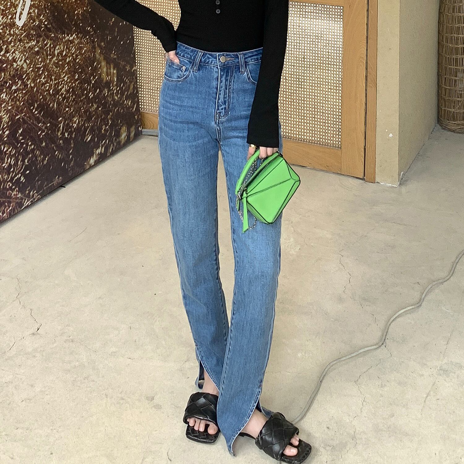 スリットジーンズ スプリングオータムハイウェストブルーパンツ レディース 春物 秋物 HUCHUJING492904660