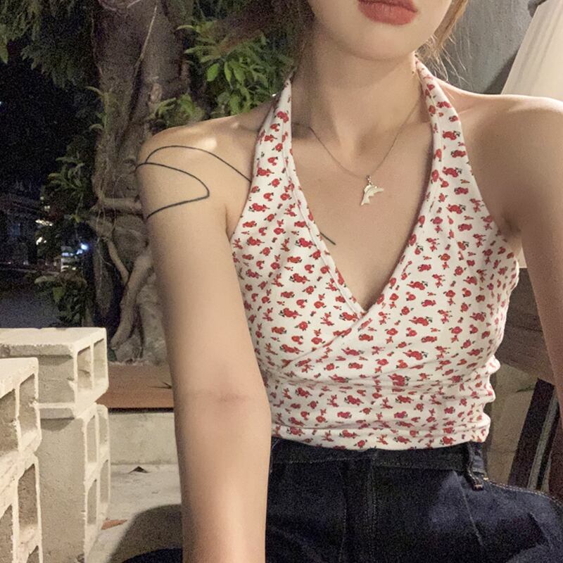 ホルターVネックフローラルサマーバックトップス ジャケット 夏物 花柄 スーパーモール14633664671