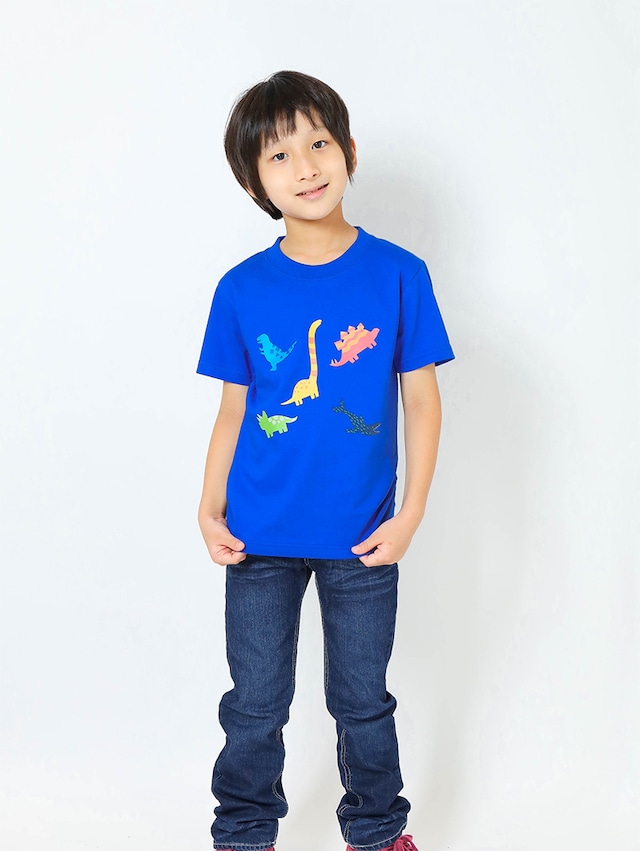 恐竜プリントＴシャツ（子供用・恐竜ミックス）ロイヤルブルー【KT-AS】