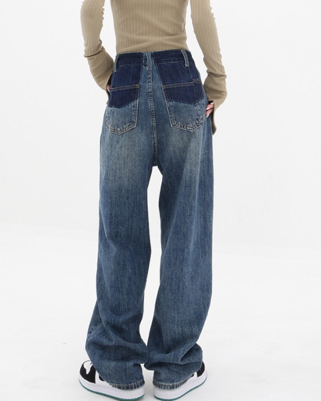 Two Tone Washed Loose Denim Pants［A0520］