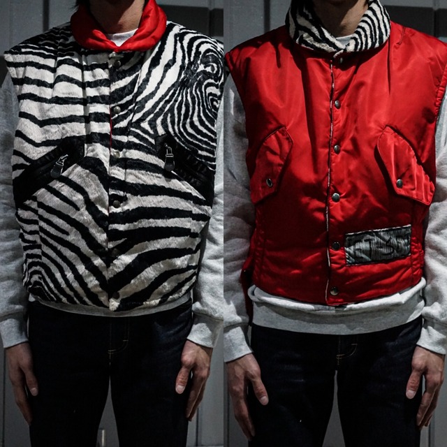【add (C) vintage】Reversible Zebra Pattern Fur x Patch Design Nylon Vest