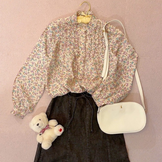 purple blue mini flower stand collar blouse