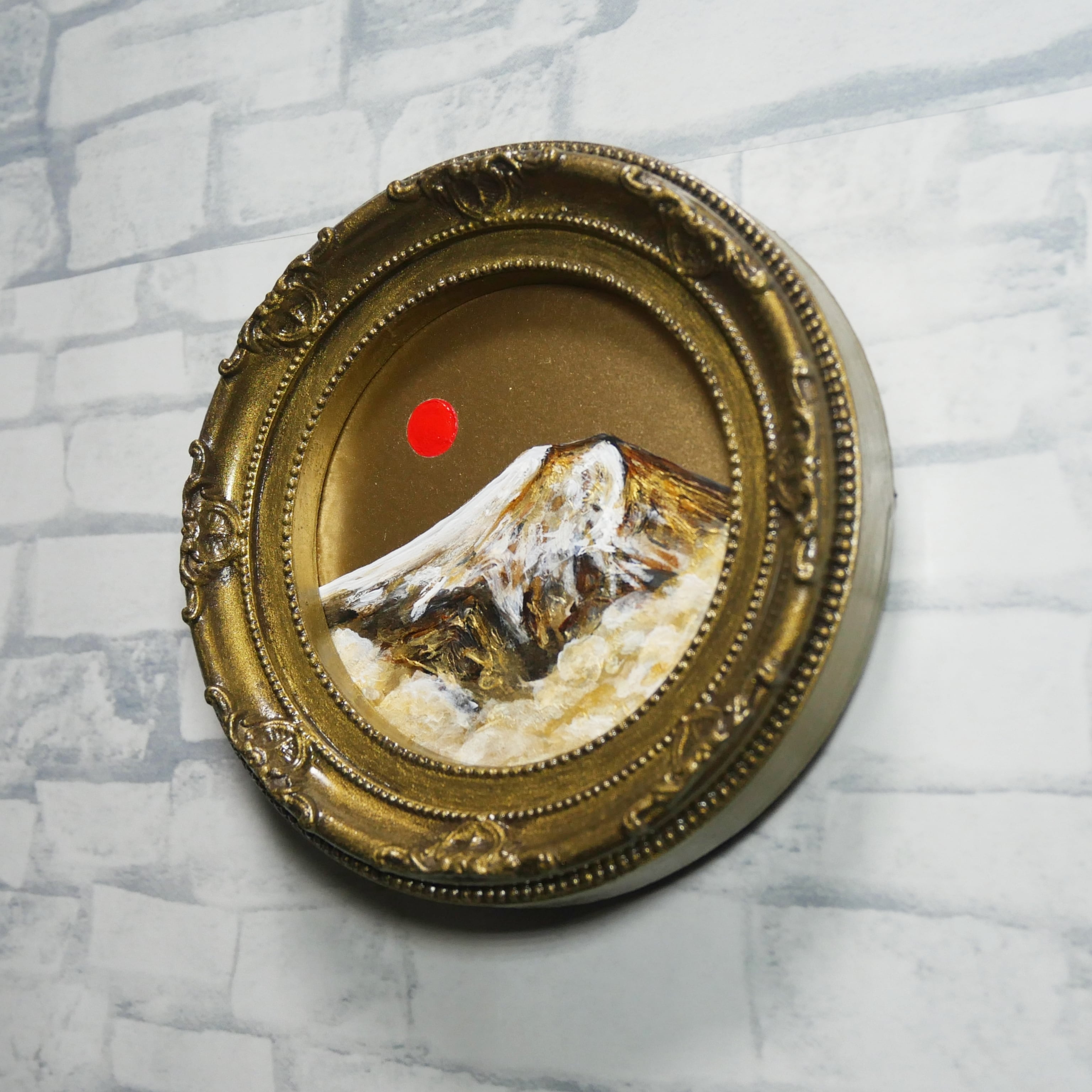 油絵 油彩 油彩画 絵 絵画 ミニ絵画【黄金富士山】 油絵 油彩 円形ミニ絵画「黄金富士山」絵画 油彩画 インテリア 風景画