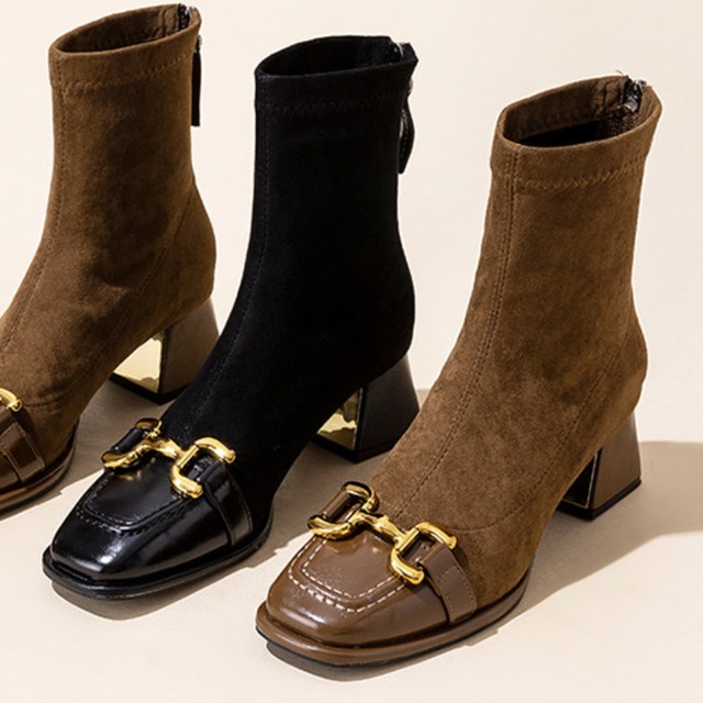 Square toe gold buckle ankle boots A1621