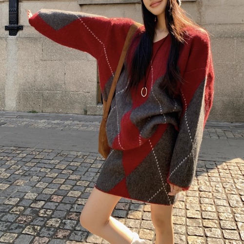 【2点セット】アーガイルチェックニットセットアップ ・12956