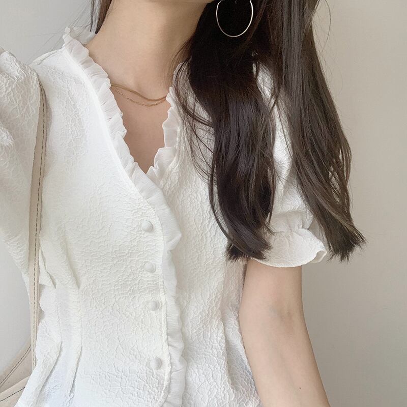 トップス サマーアシンメトリースリーブプリーツフローラルショートシャツ 夏物 花柄 ビッグFスモールZ韓国59456061379