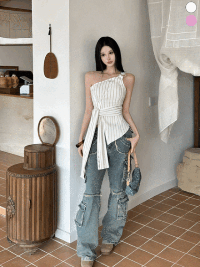 ストライプウエストベルテッドワンショルダートップス