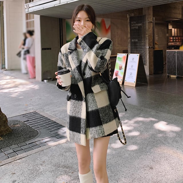 コート レディース アウター ジャケット ミドル丈 チェック柄 秋冬 フェミニン おしゃれ かわいい デート お出かけ こなれ感 ブラック S/M/L/XL