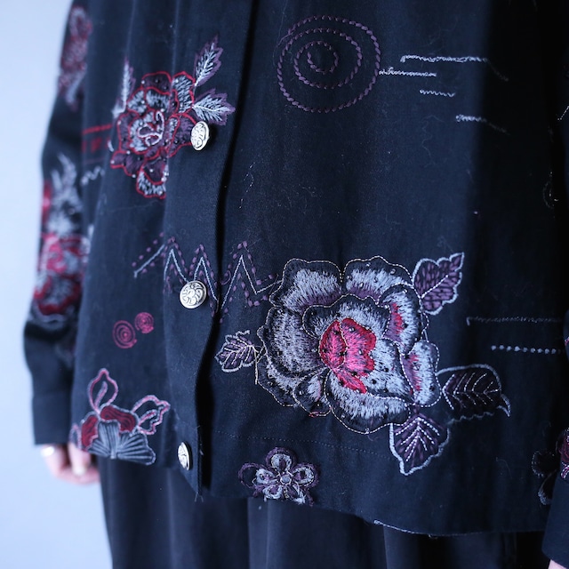 "刺繍" flower art pattern beads decoration box silhouette cotton shirt jacket