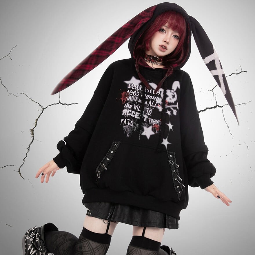 サブカル系 パンク ウサギ耳スウェット パーカー プリント フード付き 地雷系 ストリートファッション