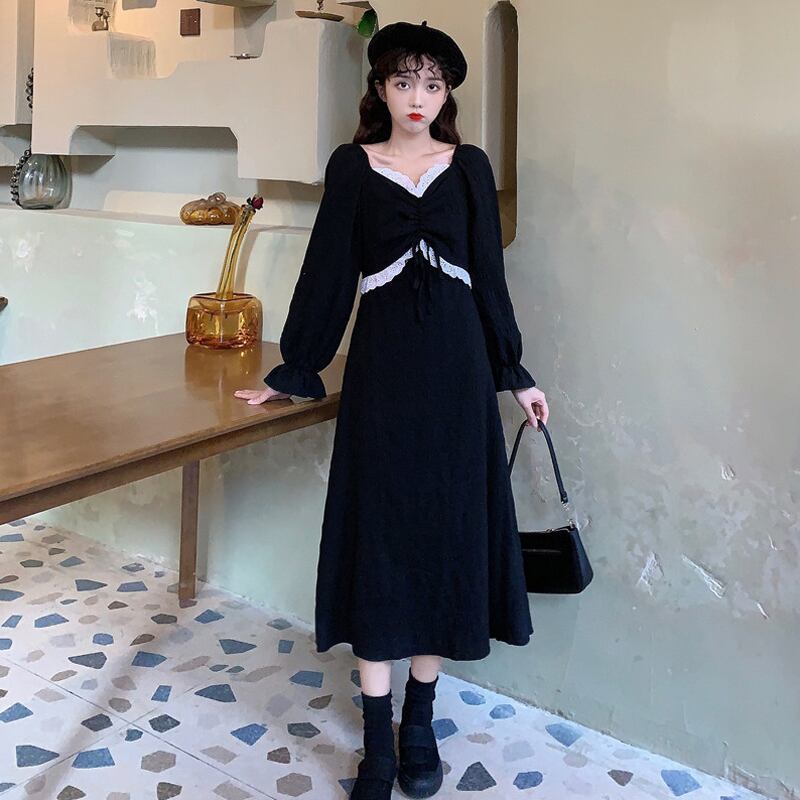 スプリングスタイルドレス 薄手Aラインブラック 春物 試着室24455749669