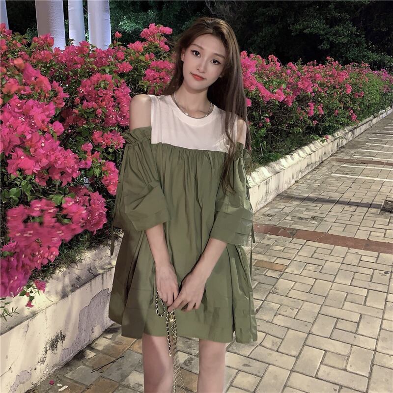 サマードレス ストラップレスAラインスカート ルーズラウンドネック 夏物 Oネック 萌量不足16535550148