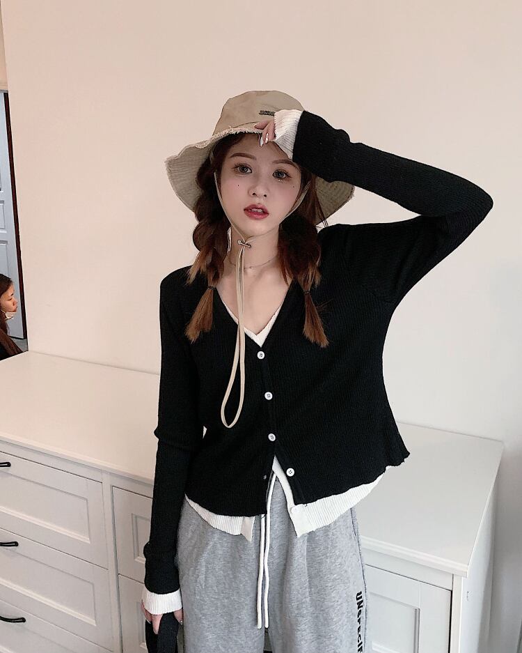 スタイルセーター オータムブラックVネックカーディガントップス ロング 秋物 モンロー31022794080