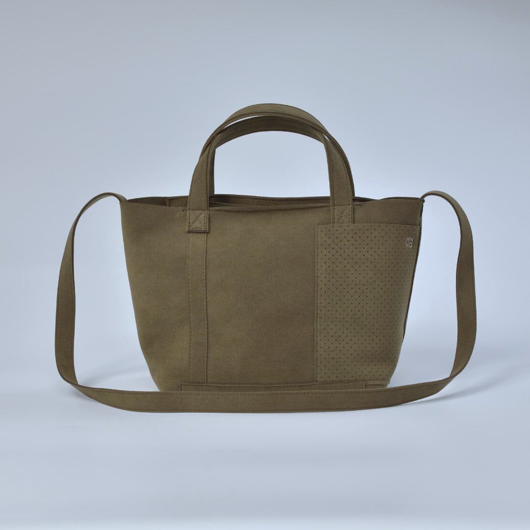 MNNG エムエヌエヌジー スタックトートミニ・オリーブ 東レのウルトラスエードを使った「mononoguもののぐ」のセカンドライン