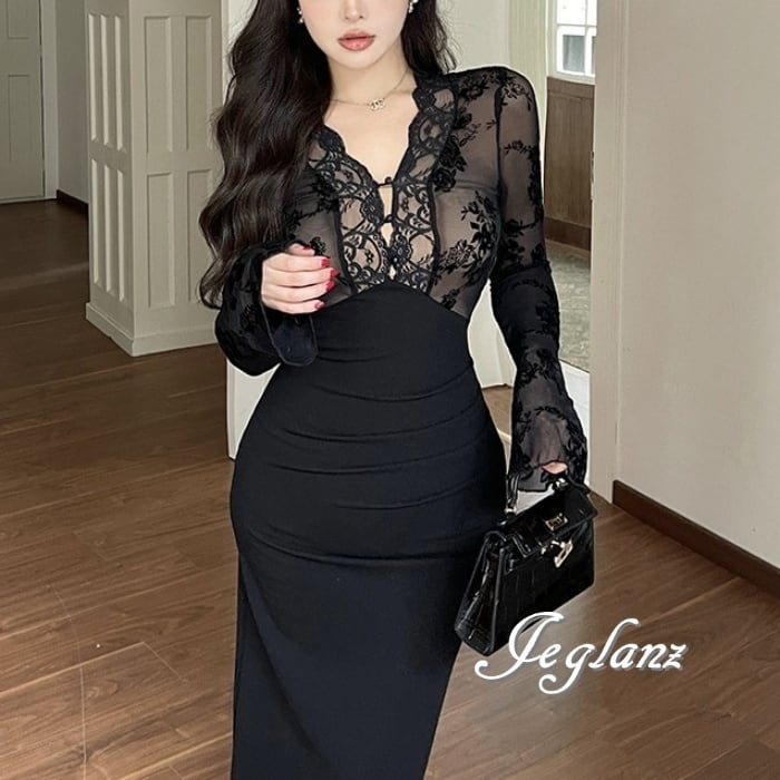 パーティ マキシ ワンピース ドレス 異素材 レース バック スリット (M9084)ζ