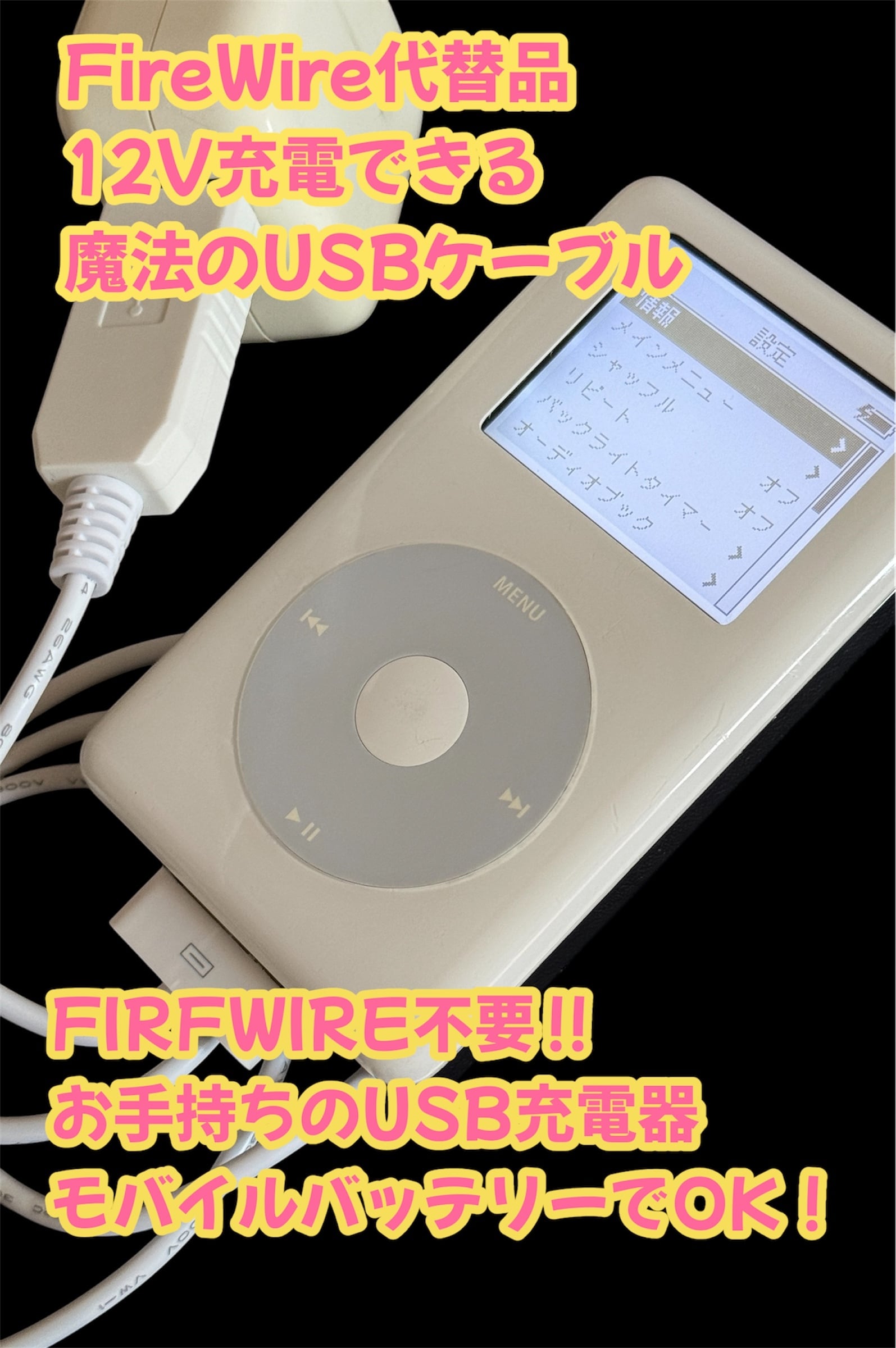 復活キット】iPod 3rd&4th専用 12V昇圧USBケーブル 3点セット（純正AC