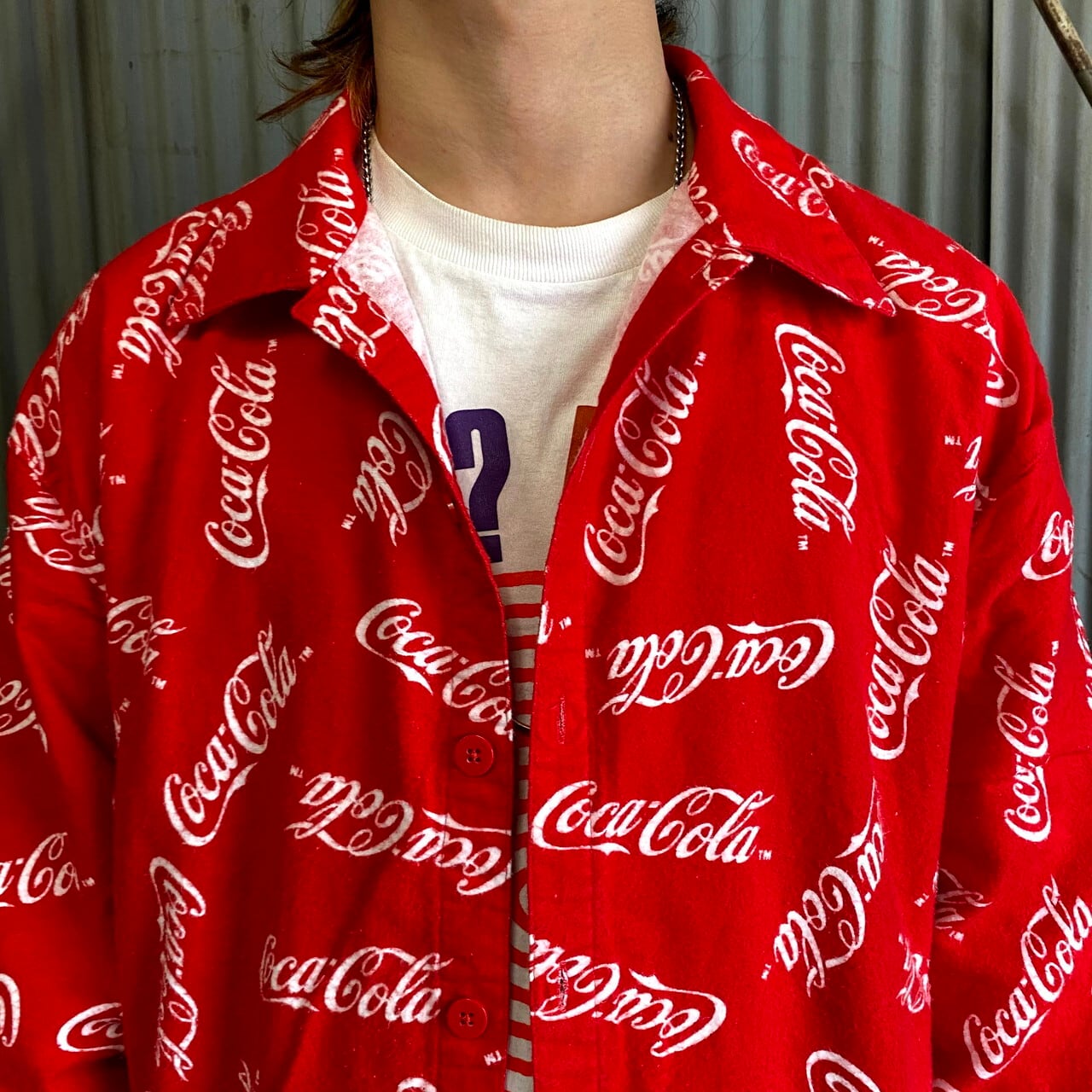 Coca-Cola コカ・コーラ ロゴ プリントネル 長袖 総柄シャツ メンズXL