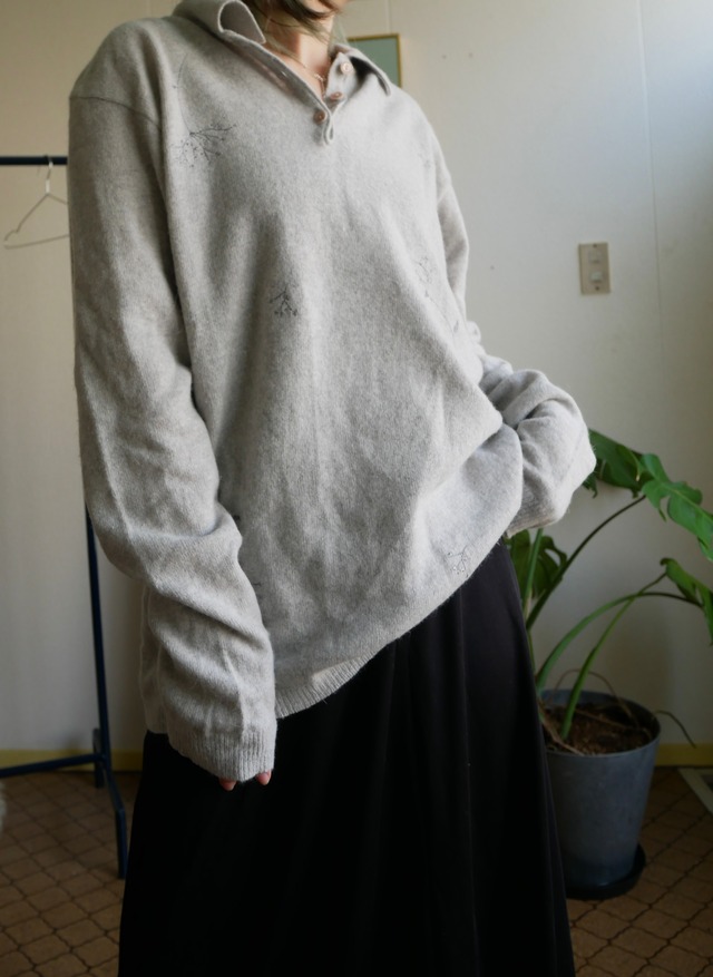 80s-90s Italy Made Angora Merino Wool Floral Embroidery Knit Polo