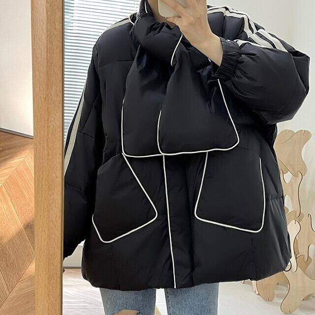 ダウンコート レディース アウター マフラーつき ホワイト ライン バイカラー オーバーシルエット ワンサイズ ブラック