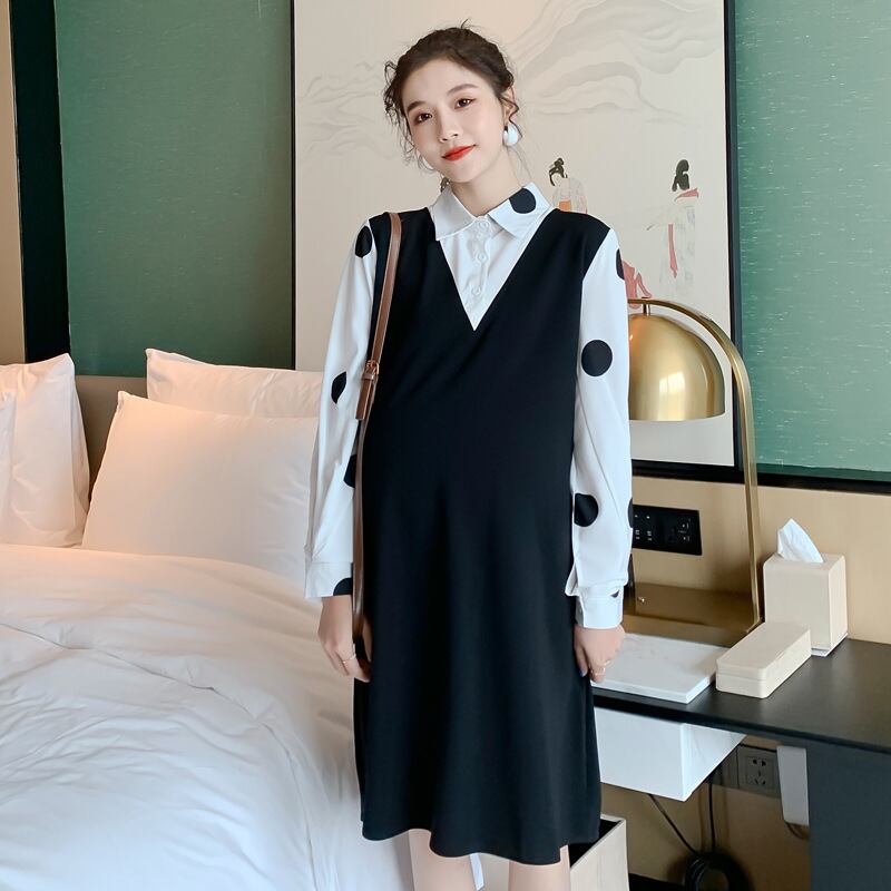 【新作】【送料無料】 マタニティウェア2020秋と冬の新しい流行のマザーラペルステッチ偽のツーピースドレス、年齢を減らすミドル丈のマタニティドレス-アリババ オータム 秋物 ウィンター 冬物 expec275285653279