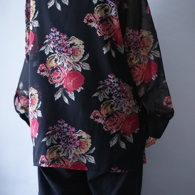"sheer×satin" switching design beautiful flower pattern over silhouette see-through shirt