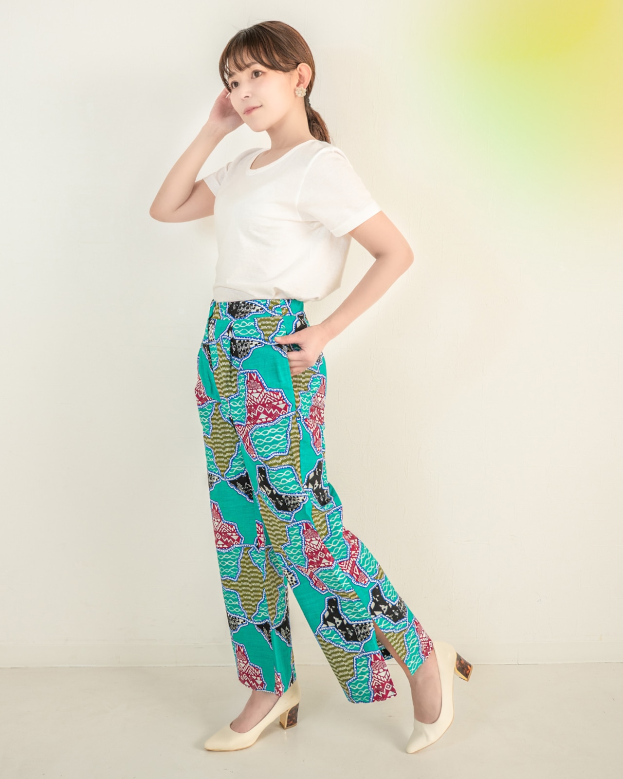 スリットパンツ マップ グリーン (ガーナ産上質ファブリック・日本縫製)| アフリカンファブリック アフリカンプリント アフリカンバティック アフリカ布 パーニュ キテンゲ