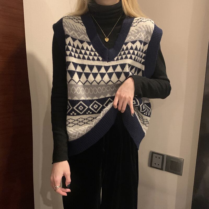 スプリングスタンダードVネックセーター ルーズニットレディース レトロ 春物 試着室69071224353