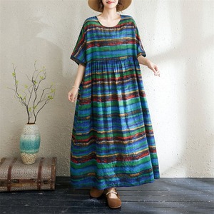 STRIPED ROUND NECK SHORT SLEEVE MAXI DRESS M-17264