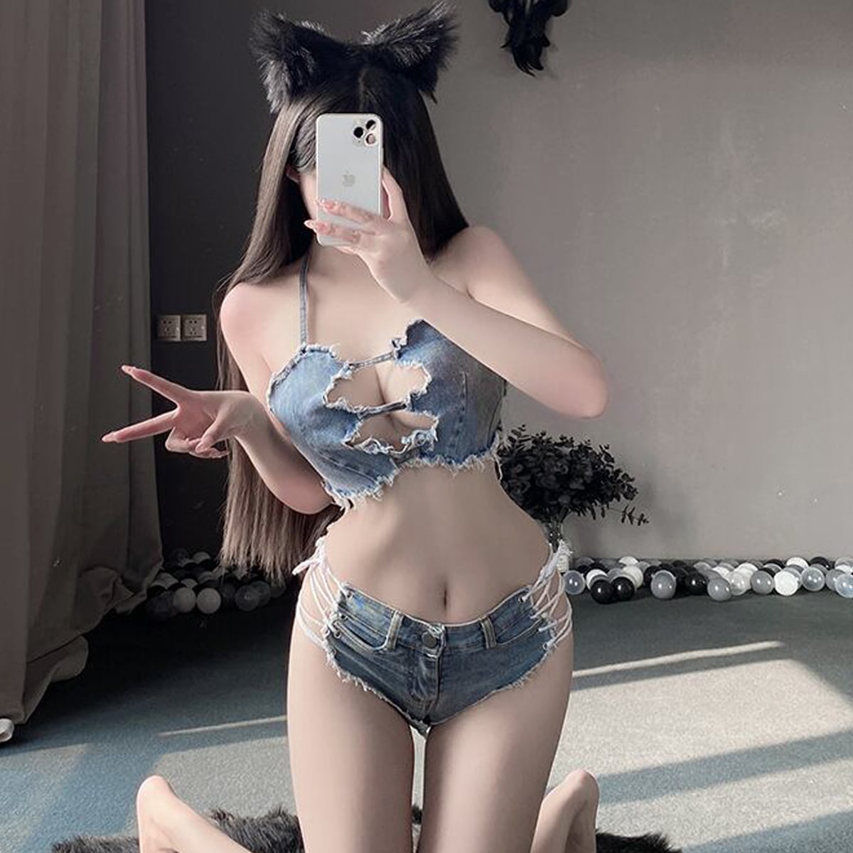 カットオフデニム風セクシーランジェリーセット|大胆オープン×クロスホルターの美ボディ強調デザイン